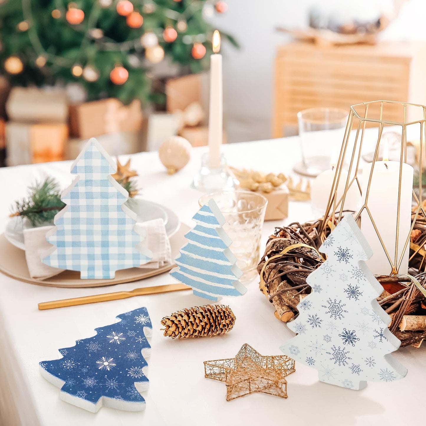 Huwena 5 Pcs Christmas Table Decoration Wooden Xmas Tree Tiered Tray Decor Centerpiece Gift Box Indoor Christmas Tree for Shelf Mantel Fireplace Home Party(Blue Buffalo Plaid)