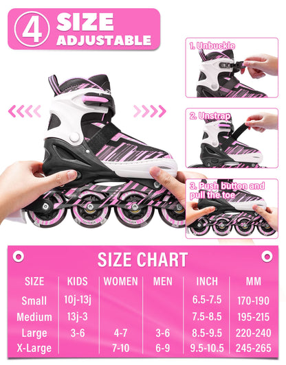 ECOO Adjustable Inline Skates Boys and Girls with Light up Wheels，Roller Skates for Kids Ages 4-12, Teen Skates for Beginner Outdoor and Indoor (Pink, Large-Youth（3-6 US）)