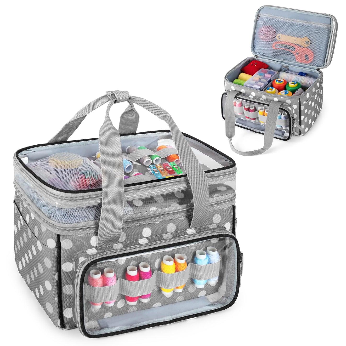 LUXJA Double-Layer Sewing Storage Organizer with Transparent Compartment, Large Sewing Organizer Bag with Detachable Divider for Sewing Supplies (Bag Only), Polka Dots