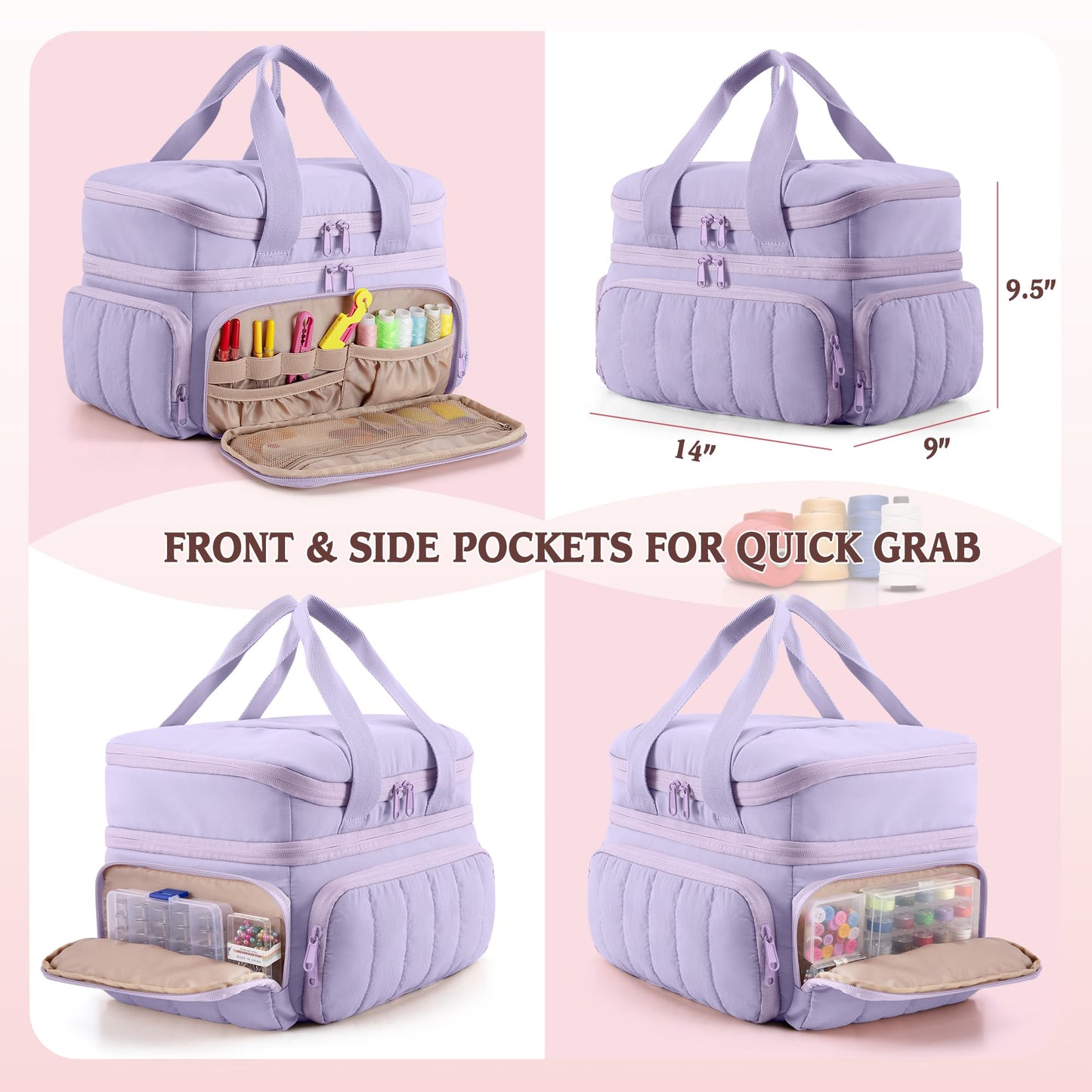 Marscamd Puffer Sewing Organizer Bag, Large Capacity with Multiple Pockets and Detachable Dividers, Storage Box for Threads, Needles, Scissors, Craft Supplies, Purple (Bag ONLY, NO Supplies)