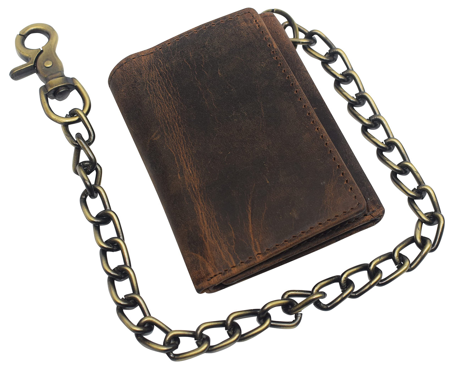 Men's RFID Blocking Trifold Vintage Leather Biker Chain Wallet With Snap Closure (Brown)