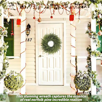 24 inch Norfolk Pine Wreath, Realistic Christmas Wreath for Front Door,Artificial Real Touch Green Wreath Greenery for Door Wall Windows Mantle Outdoor Christmas Decoration