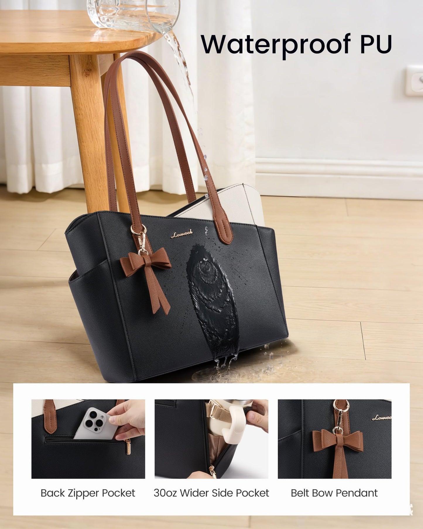 LOVEVOOK Small Tote Purse for Women, 2026 Structured PU Leather Handbags with Top Handle, Elegant Satchel Shoulder Bag Black-White-Brown