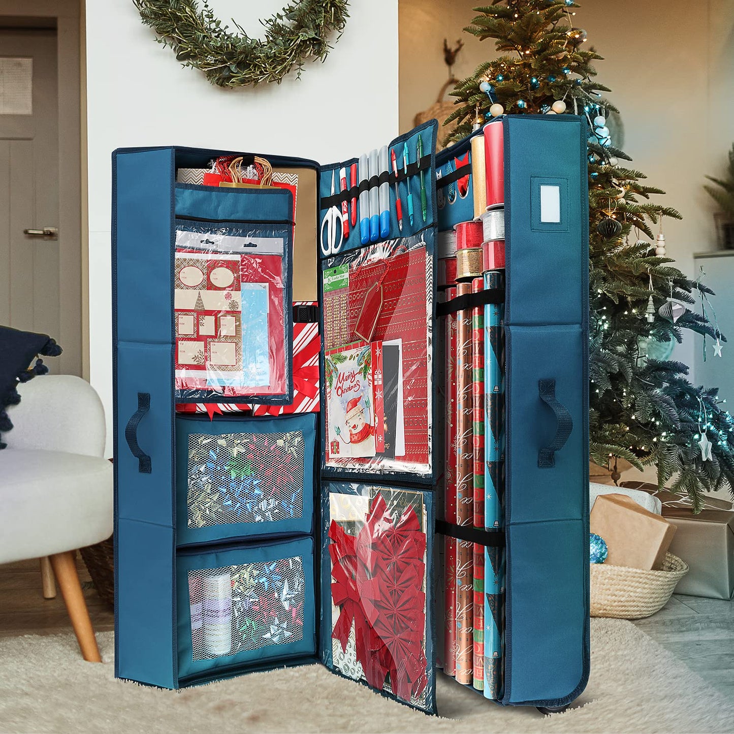 Hearth & Harbor Wrapping Paper Storage Container with Ribbon Dispenser and Interior Pockets - Large Christmas Storage Containers with Wheels, Fits 30 Rolls of 40" Length, Blue