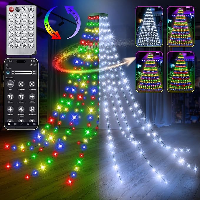30+ Modes Ring Christmas Tree Lights Indoor Outdoor - 10Ft x 12 Lines 432 LED Easy App Control Color Changing Timer Remote Waterproof for 7.5 8 9 10 11 Ft Xmas Trees (Cool White to Multicolor)