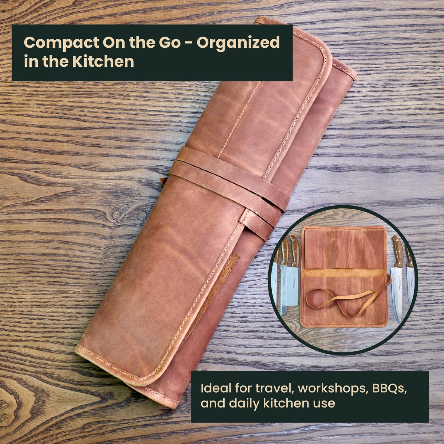 OMBUO Professional's Leather Knife Roll Bag, Leather Knife Roll For Chef, Caramel Brown