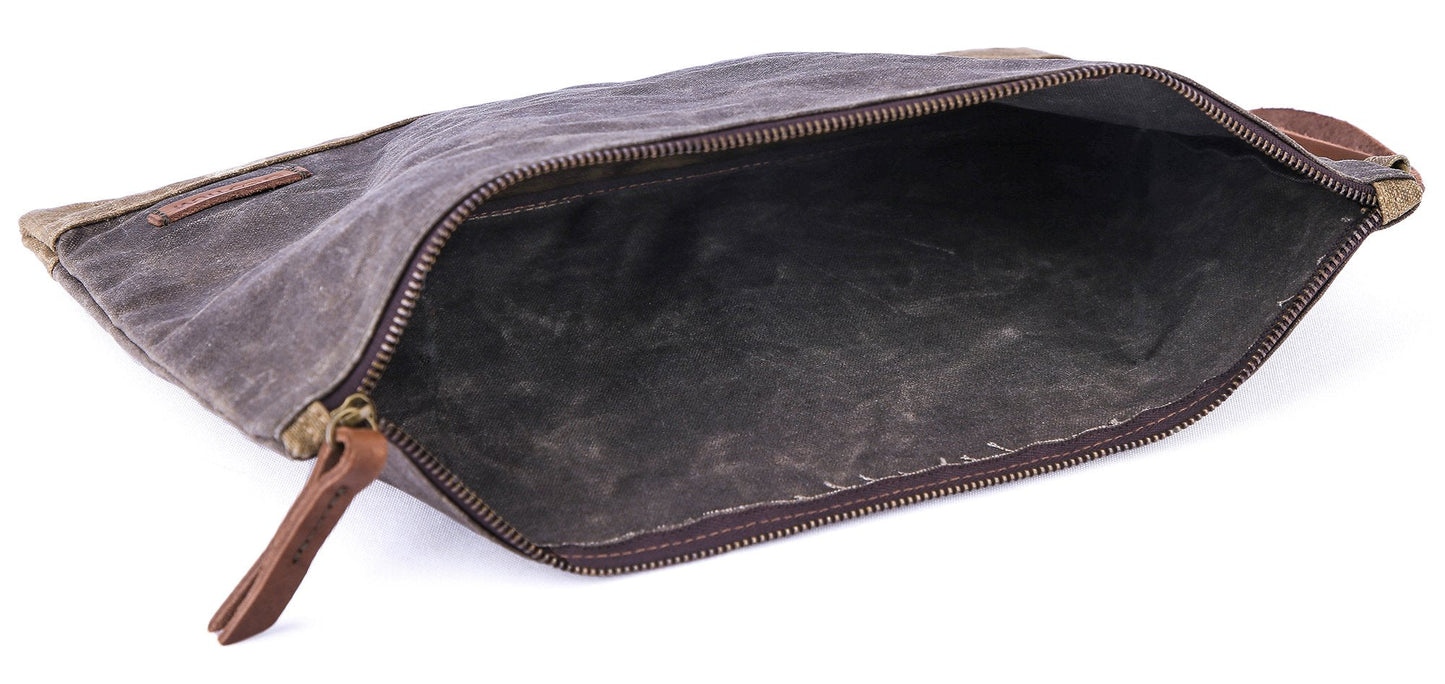 Gootium Waxed Canvas Zip Folio Pencil Pouch - Office Supply Zippered Makeup Bag Multipurpose File Folder - Size 13"x9.4", Olive Drab