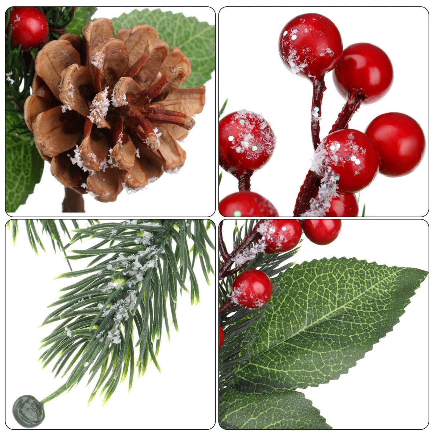 Boao 12 Pcs 11'' Large Christmas Pine Picks Tree Decoration Red Berry Picks and Sprays with Cone Artificial Fake Branches Snowy Floral Flower Holly Pine for Tree Crafts Decor Faux Stem