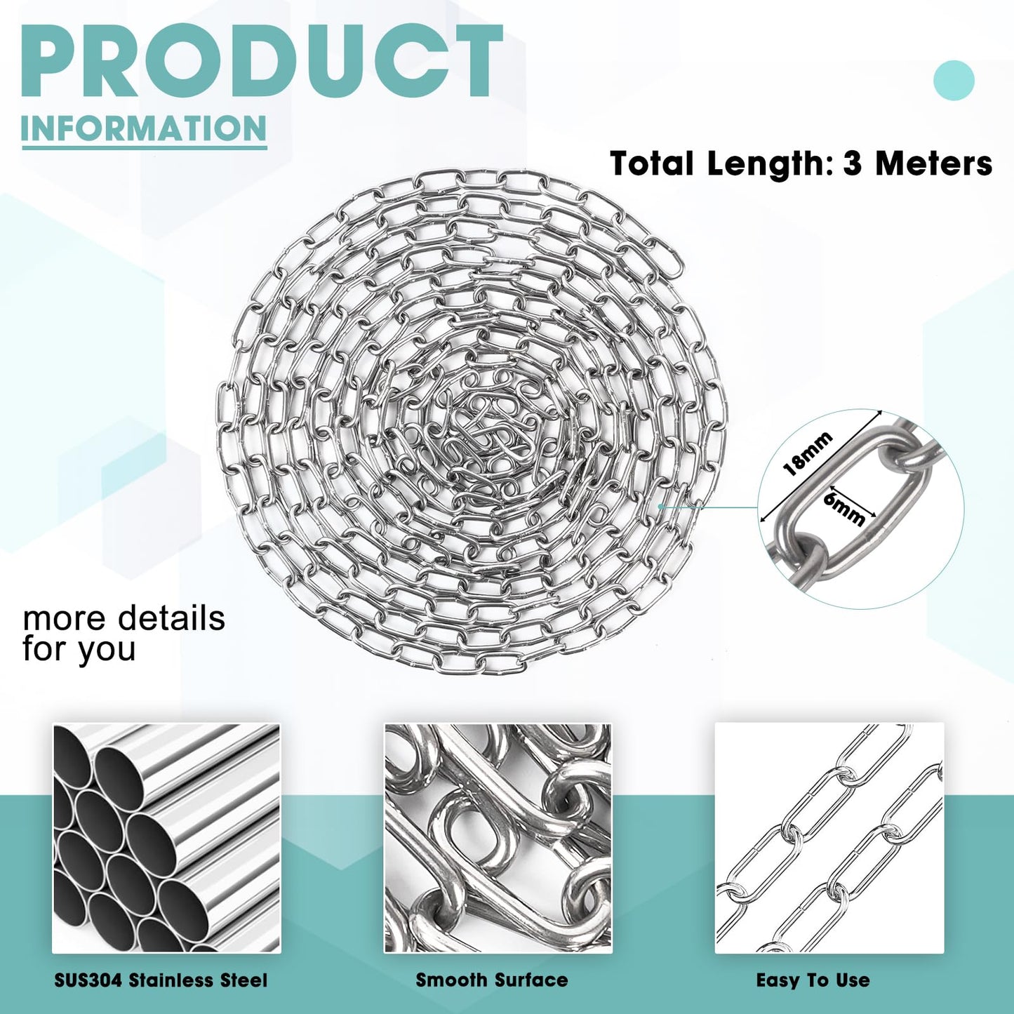 10 Feet SUS304 Stainless Steel Chain, Hanging Chain Link Light Duty Chain, Heavy Duty Hanging Chain for Home Outdoor Camping, Thickness 0.08 inches