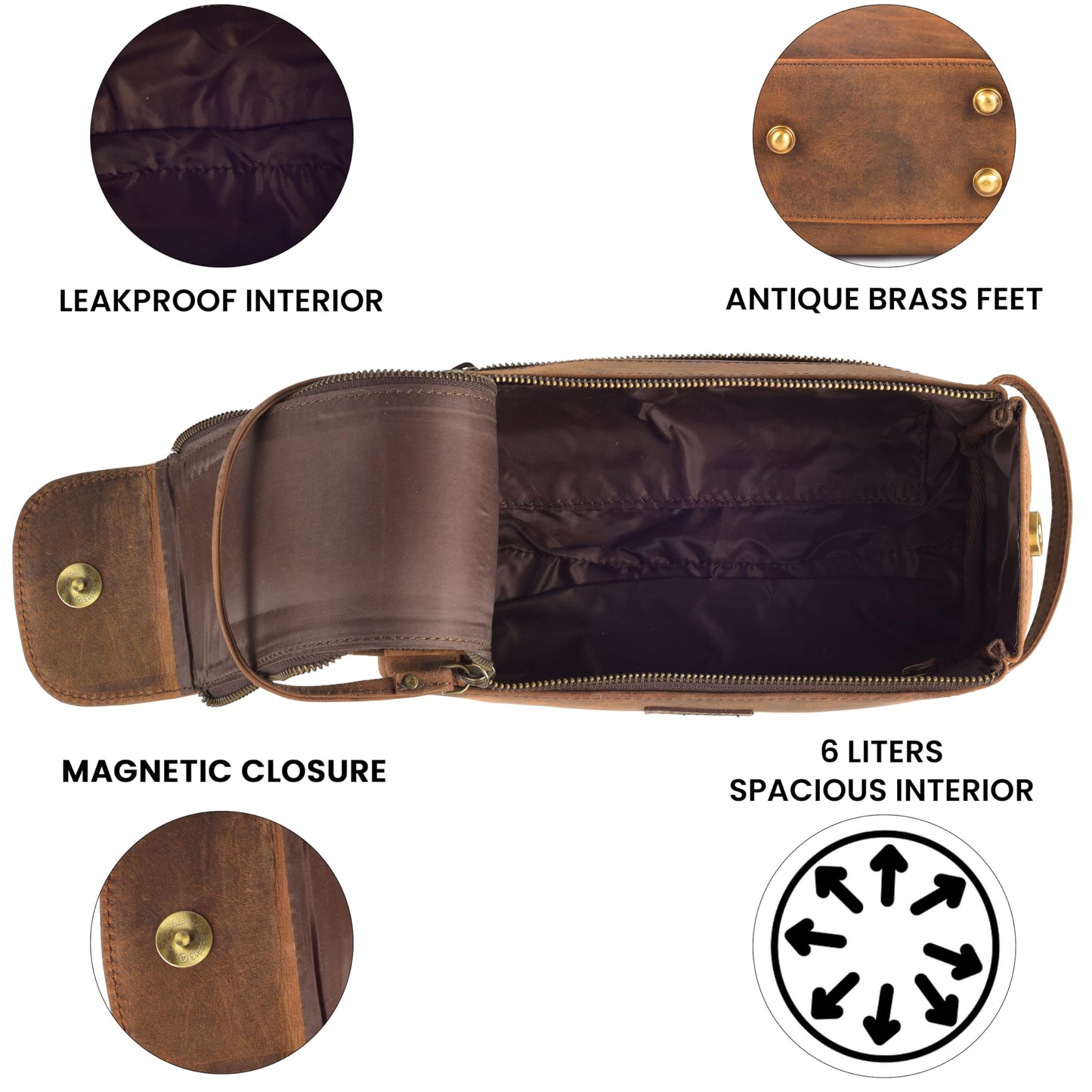 Rasavi Genuine Leather Travel Toiletry Bag for Men & Women, Handcrafted Vintage Dopp Kit, Water-Resistant Shaving & Bathroom Essentials Organizer - Distressed Brown