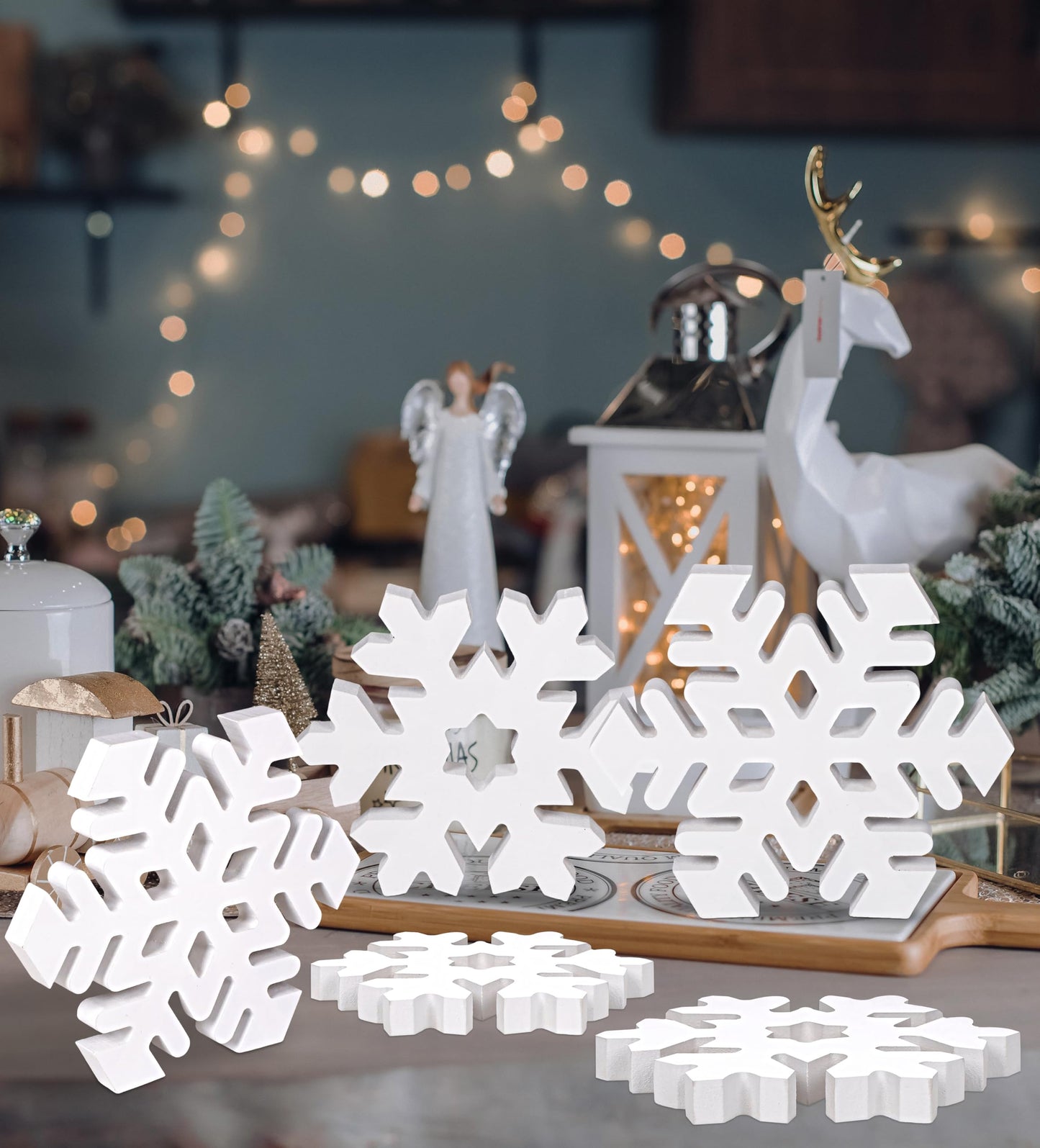 Tieshankao 5PCS Christmas Table Decor Wooden Snowflakes, White 3D Centerpieces for Winter Wonderland Decorations, Wood Sign Home Ornaments Indoor