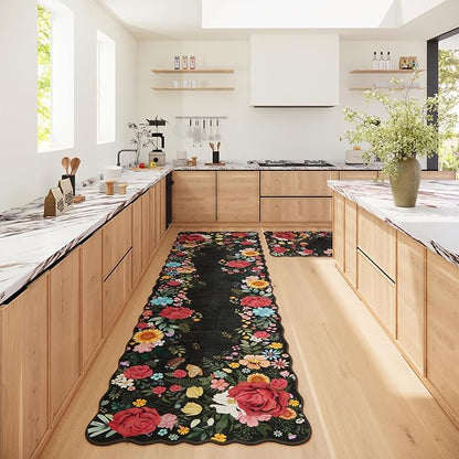 Kitchen Rug Runners for Hallways: 2'6''x10' Washable Runner Rugs for Kitchen Ultra Thin Stain Resistant Non Slip Low Pile Lightweight Vintage Floral Carpet for Farmhouse Decor (Black)