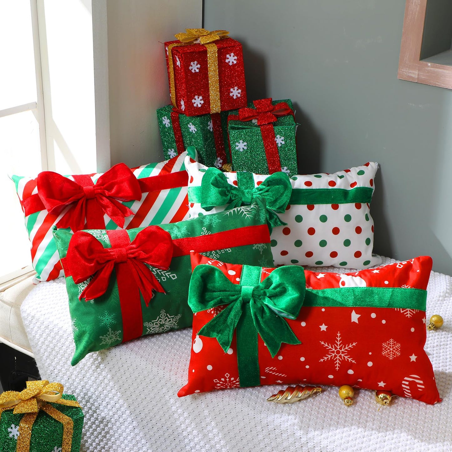 Kingdder Christmas Pillow Covers 12 x 20 Inch Set of 4 Farmhouse Xmas Throw Pillow Cases Gift Box Style Red Green White Snowflake Bow Decoration for Couch Holiday Sofa Cushion Decor