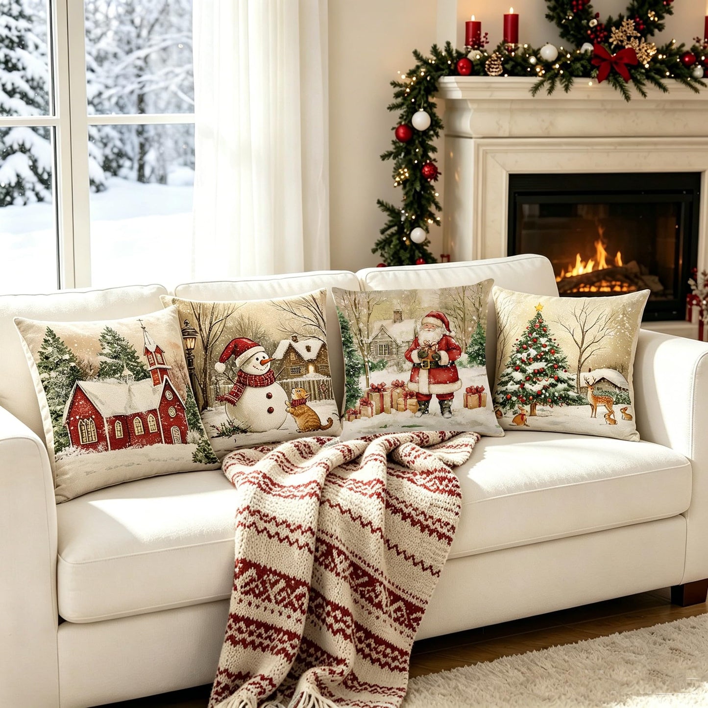 Ni-JASW Rustic Farmhouse Christmas Throw Pillow Covers 18x18 inch Set of 4, Snowy Church Santa Snowman Cushion Cases for Couch Sofa Bed Holiday Decor