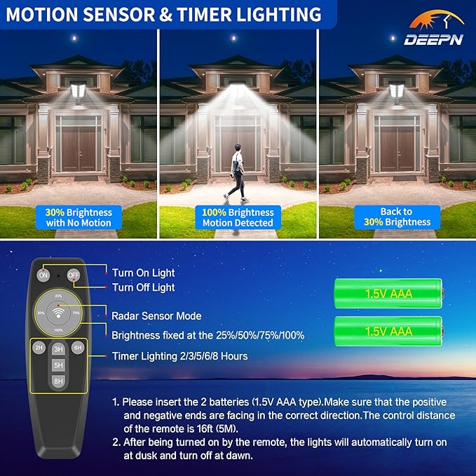 Deepn Solar Lights Outdoor for Outside, IP66 Waterproof Street Lights Outdoor, 6500K Dusk to Dawn Solar Security Flood Lights Motion Sensor with Remote Control for Yard, Entryway Garage, Porch
