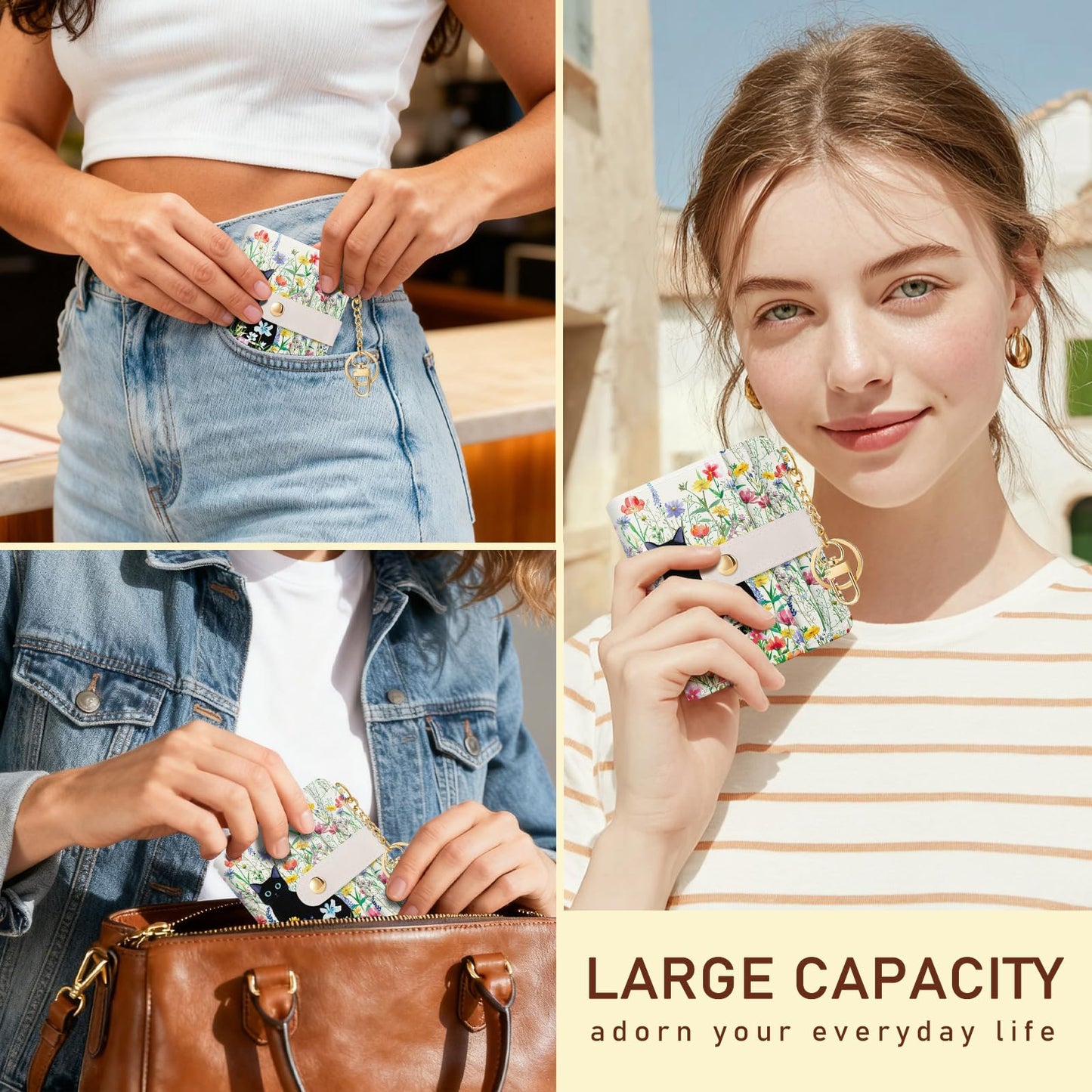 Jogjam Black Cat Flower Floral Aesthetic Rfid Women Wallet, Cute Small Slim Thin Compact Credit Card Wallet, PU Leather Bifold Cash Wallet, Zipper Coin Pocket ID Window, Girls Girly Teens Gifts