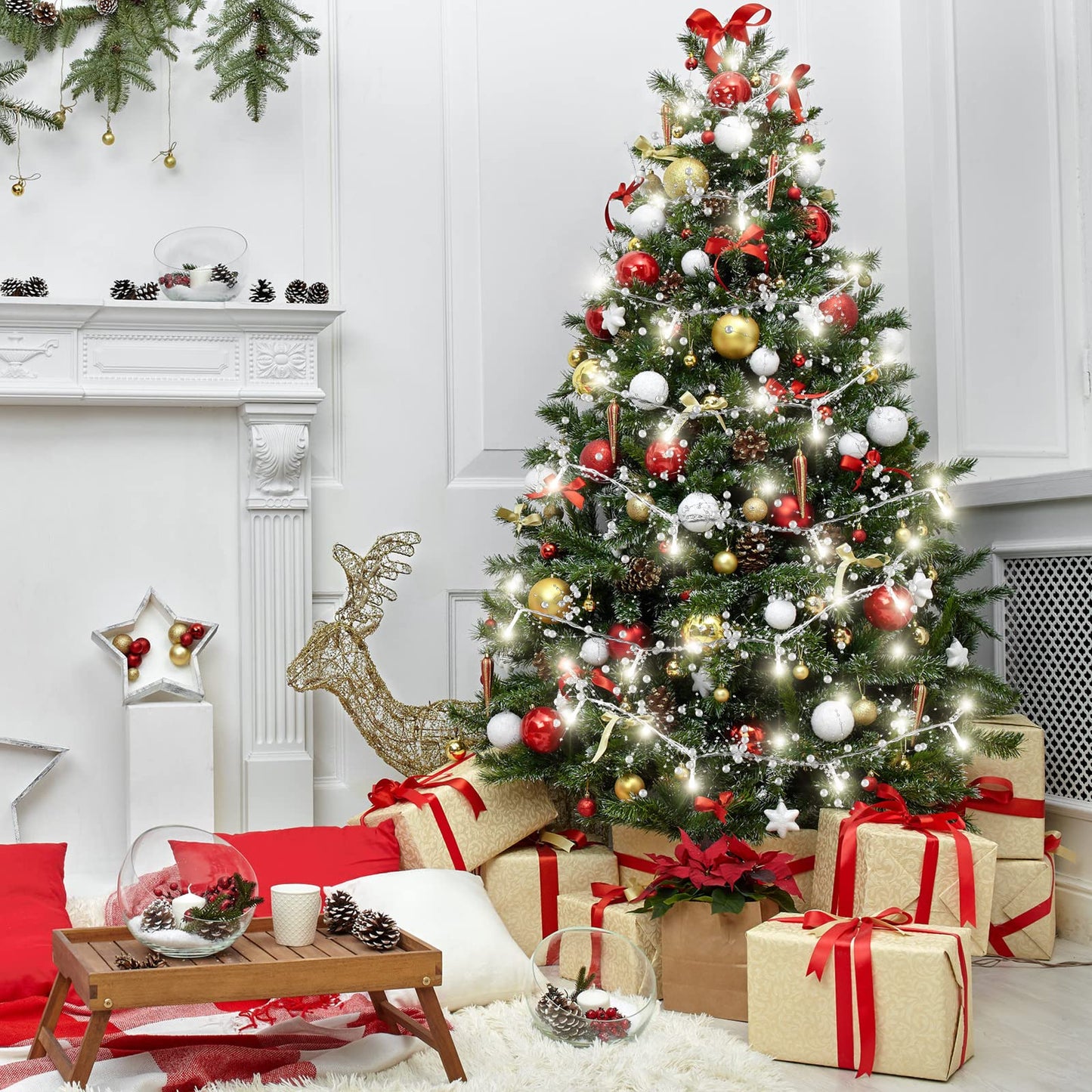 Honoson 33 ft Christmas White Berry Garland Lighted Berry Beaded Garland Christmas Fireplace Decorations, Glitter LED Bead for Fireplace Indoor Outdoor Decor