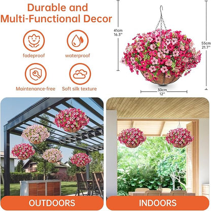 Artificial Hanging Faux Flowers Basket, Fake Silk Daisy Eucalyptus Plants Arrangement,for Spring Summer Outdoor Decoration,UV Resistant, Coconut Planter,Look Real for Home Garden Décor (Rosered Pink)