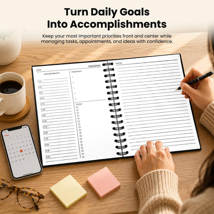 Undated Daily Planner Notebook With Hourly Schedule - Hardcover Appointment Day to do List Notebook for Women & Men - A5(5.7" x 8.3") Spiral Black