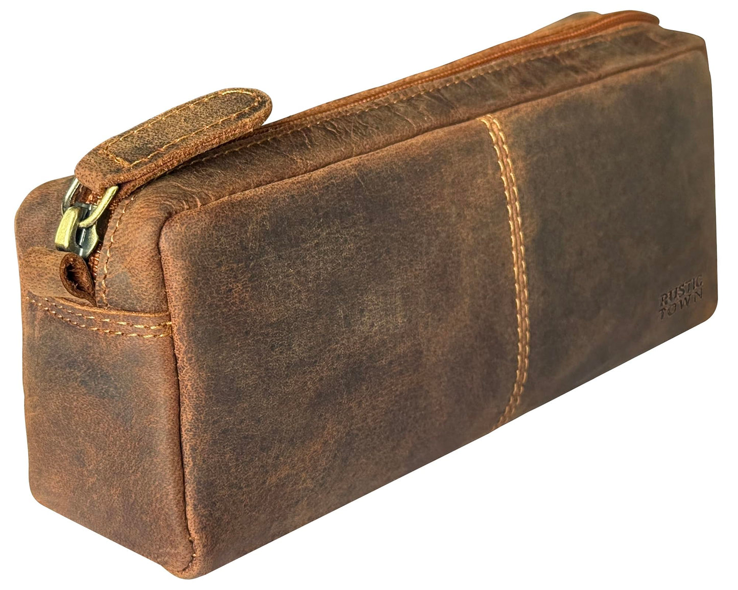 RUSTIC TOWN Leather Pencil Case for Men & Women – Full Grain Leather Pen Pouch with Zipper, Handcrafted Pencil Pouch Organizer for Office, School & Travel
