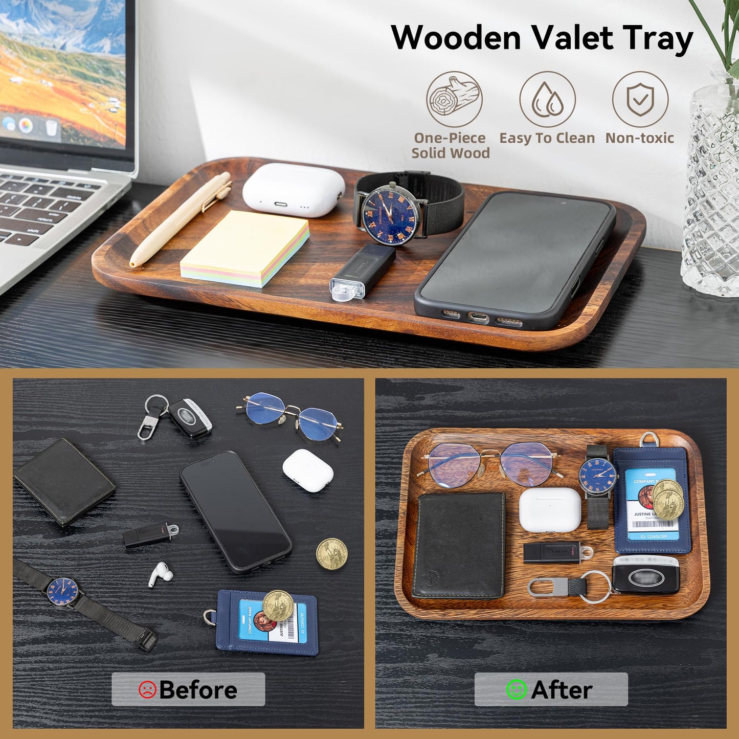 Velinjowy Serving Acacia Wood Valet Tray for Men Women, Catch All Acacia Mens Key Dump Bedside Nightstand Organizer EDC Decorative Wooden Tray for Phone Watch Wallet Keys Jewelry