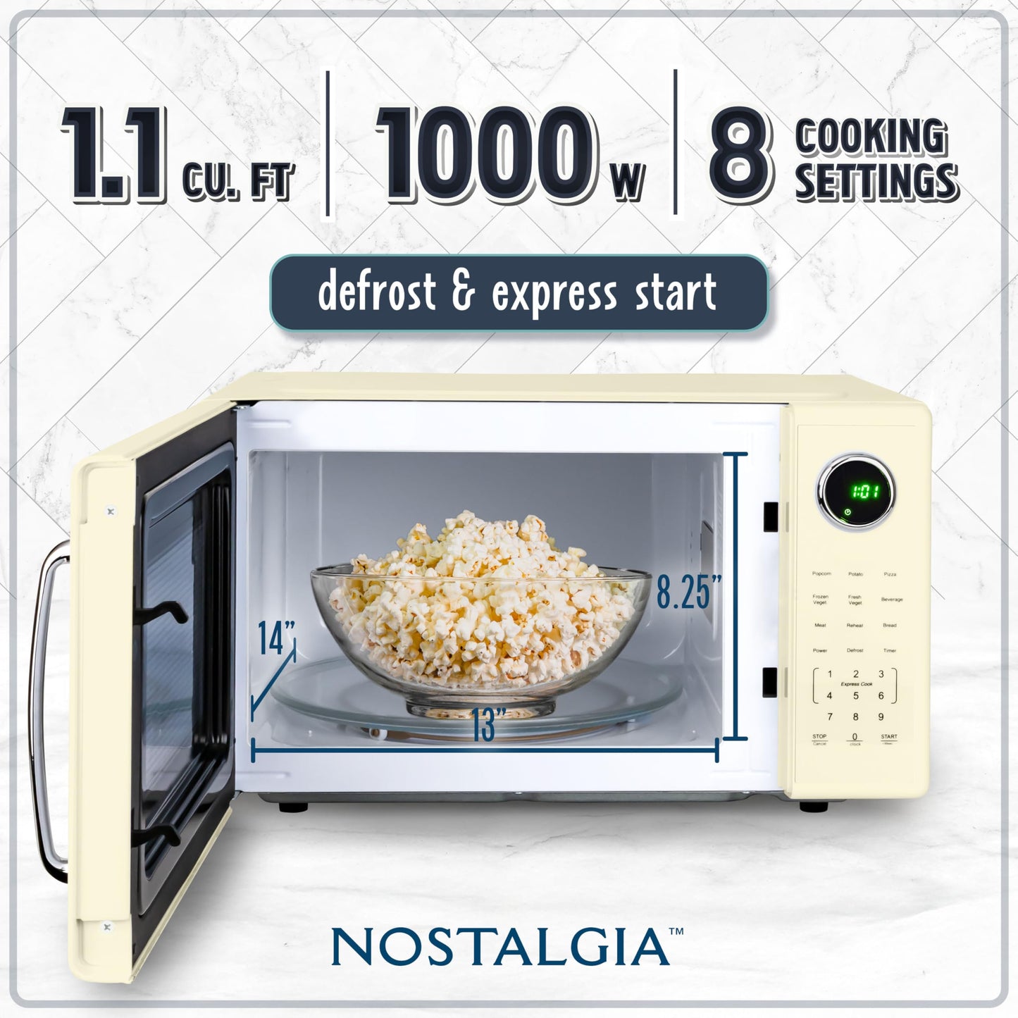 Nostalgia Retro Microwave Oven - 0.7 Cu Ft, 700-Watt Countertop Size with Glass Turntable, Child Safety Lock, 8 Auto-Cook Programs, Digital Clock - Aqua