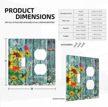 Decorative Light Switch Cover Plate Rustic Vintage Wood Planks Sunflower Butterfly 2 Gang Outlet Covers 1 Toggle 1 Duplex Wall Plate Decorate Electrical Switch Plate Covers for Bathroom Home Decor