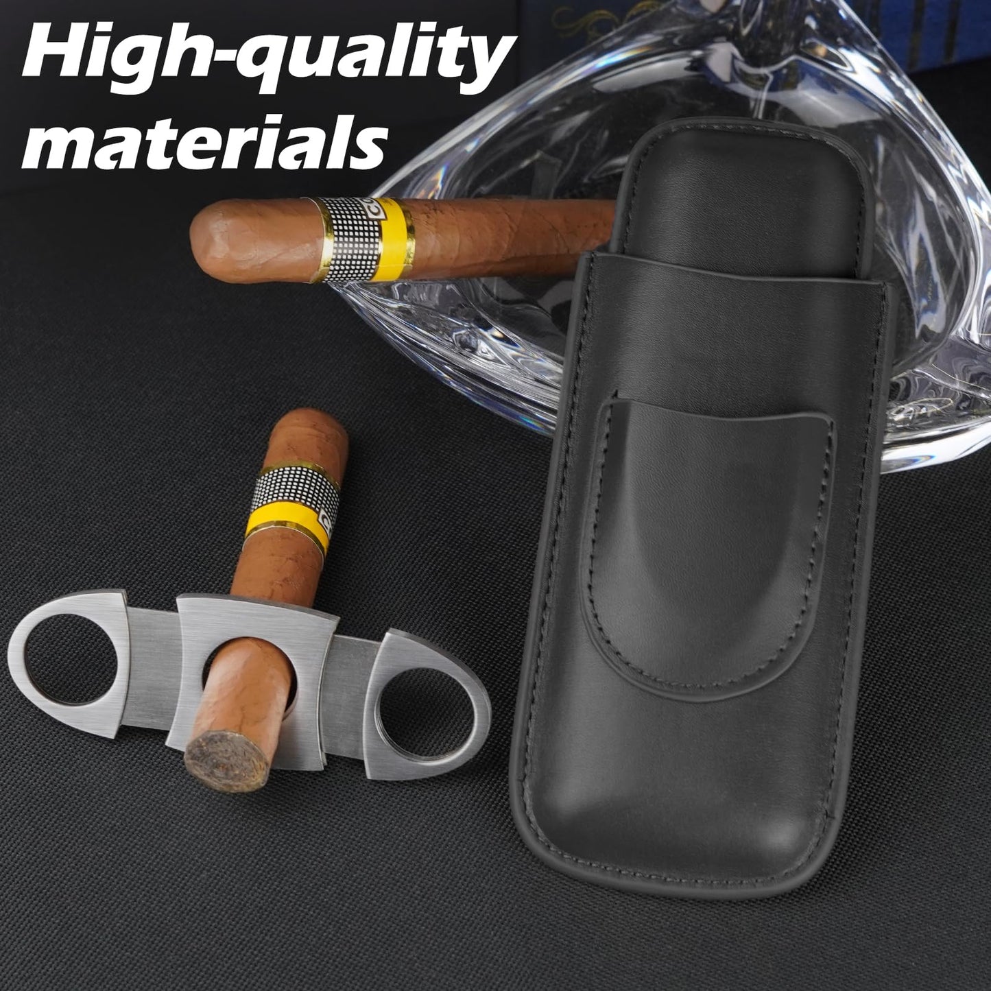 cgaplus 2-Finger Leather Cigar Case with Cutter Cedar Wood Lined Cigar Humidor Portable Travel Cigar Case(Black)