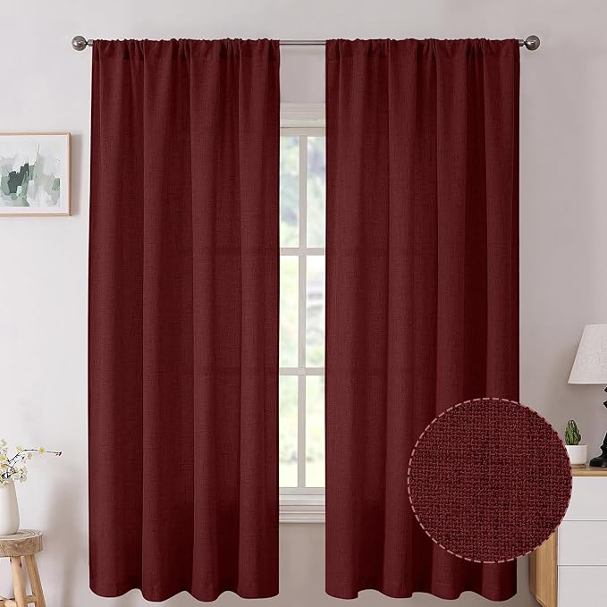 Tollpiz Short Linen Curtains Living Room Rod Pocket Semi Sheer Curtain Burlap Light Filtering Thick Linen Drapes for Bedroom, 54 x 54 inches Long, Burgundy Red, Set of 2 Panels