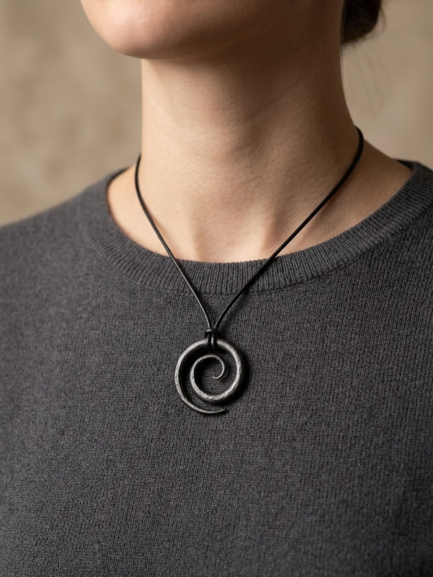 THEREALREYAZ Hand Forged Wrought Iron Celtic Spiral Necklace with Pure Leather Rope | Handmade Rustic Iron Pendant | Adjustable Cord | Unique Artisan Jewelry Gift for Men & Women