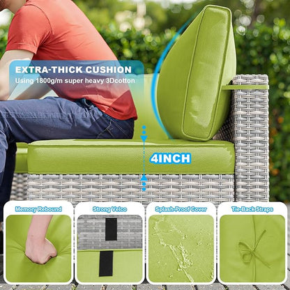 15-Piece Patio Furniture Set, Outdoor Patio Furniture with 55,000 BTU Fire Pit Table, Thick Cushions, Modular Patio Sofa, Dual-Strand Wicker Rattan, Rust-Resistant Frame, Grass Green