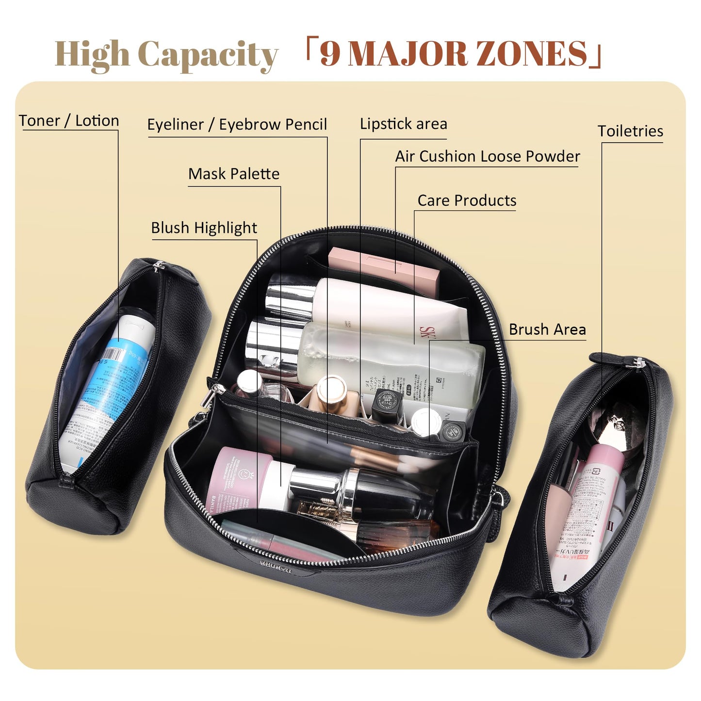 BOYATU Genuine Leather Travel Makeup Bag: Large Capacity 3 Pcs Set Cosmetic Bags for Women - Designer Waterproof Hand-made for Toiletry Organizer - Ladies Travel Essentials for Elegance (02Black)