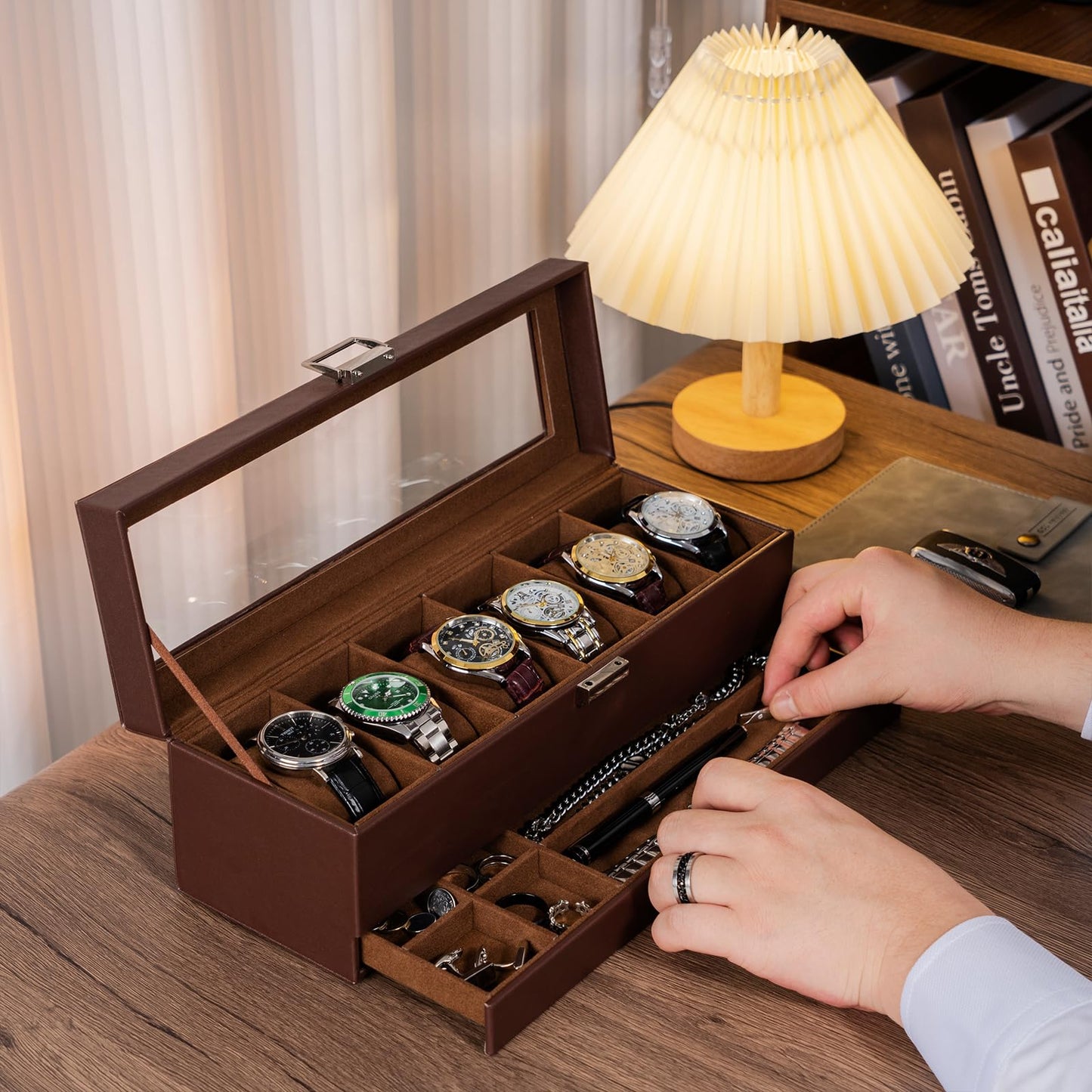 ProCase Watch Box, Fathers Day Gift for Dad, 6 Slot Watches Display Case with Drawer, Mens Watch Case with Glass Lid, 2-Layer Mens Jewelry Organizer Storage Holder -6 Slot, Espresso
