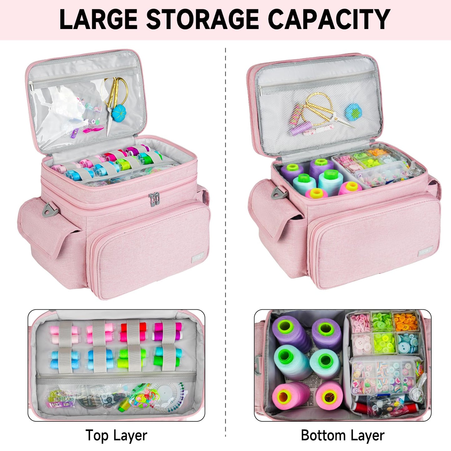 LEFOR·Z Large Sewing Supplies Organizer Storage Bag,Double-Layer Protable Travel Sewing Basket for Sew Accessories & Tools,Pink(Bag Only)