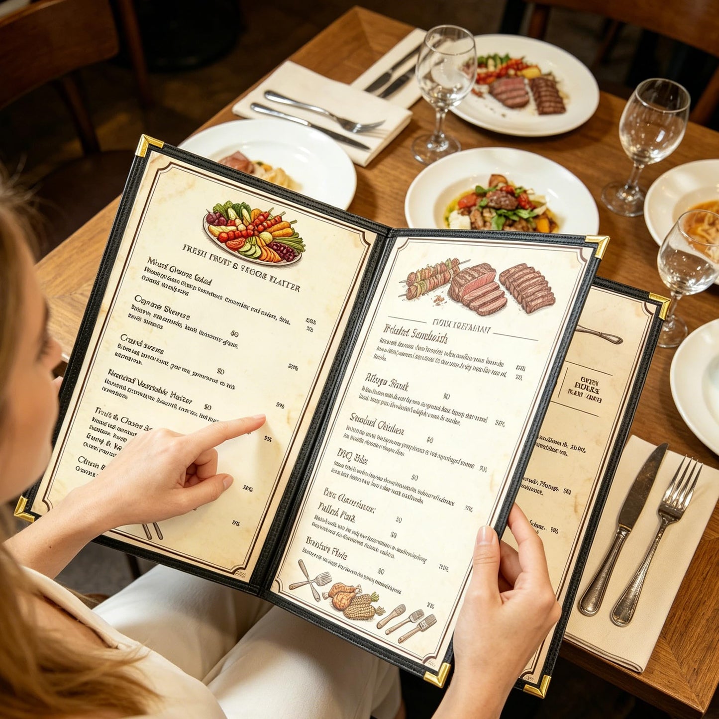10 Pcs Menu Cover 8.5x14 Inch, Legal Size, 2 Pages / 4 Views Menu Sleeves, Clear Waterproof PVC Menu Holder (Black Edge, Gold Metal Corners)