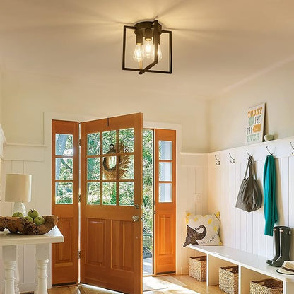 3-Light Flush Mount Ceiling Black Metal Frame Ceiling Light Farmhouse Light Fixture for Kitchen Island Entryway Porch Foyer Dining Room, E26 Ceramic Base