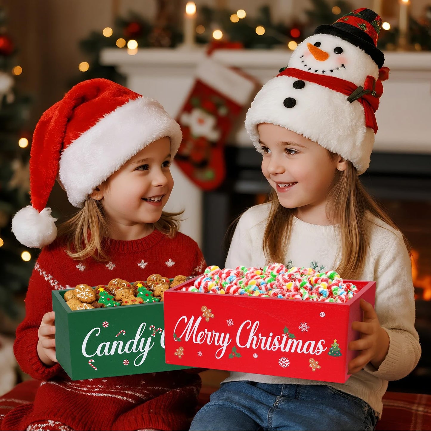 OAXNTGW 2 Pcs Merry Christmas Bowl Dish Xmas Party Supplies Candy Canes Wooden Candy Dish Serving Holder for Table Red Green Serving Dish for Corn Holiday Hot Cocoa Bar