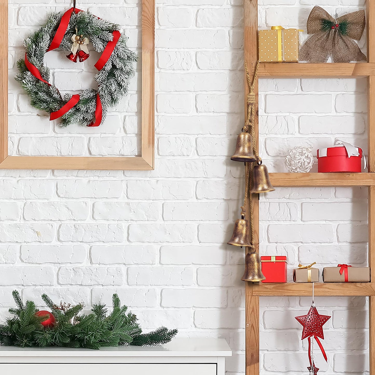 KI Store Triangular Christmas Bell Cluster 4pcs Hanging Metal Cow Bells on Jute Rope for Wreath Garland Christmas Fireplace Mantel Porch Towel Ladder Wall Decor 28-Inch
