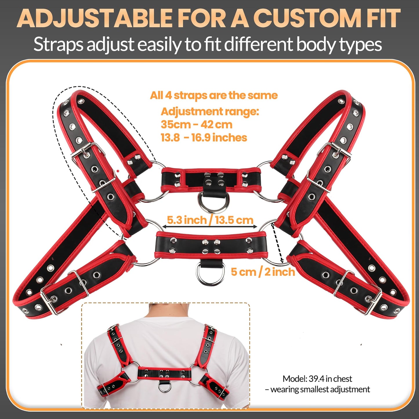 Mens PU Leather Chest Harness Top, Male Adjustable Shoulder Harness Strap Punk Fashion Styling Fantasy Costume for Music Festival Halloween Party Cosplay (Red)