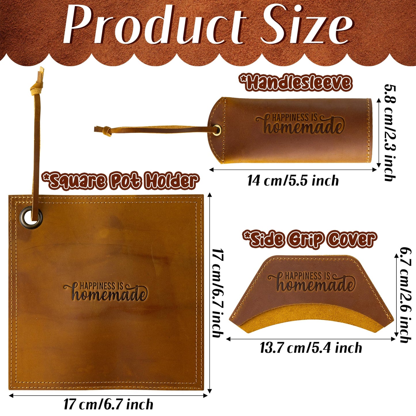 GROBRO7 3Pcs Cast Iron Skillet Hot Handles Covers Set Happiness is Homemade Panhandle Sleeve Side Grip Cover, Leather Handmade Pot Holder Heat Resistant Reusable Assist for Pan Kitchen Utensils Brown