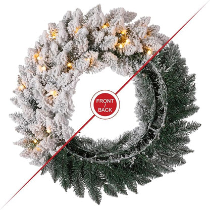 Glitzhome 24" D Pre-Lit Snow Flocked Christmas Wreath with Warm White LED Lights and Timer Artificial Decoration Wreath for Front Door Wall Window Indoor Outdoor Christmas Decorations