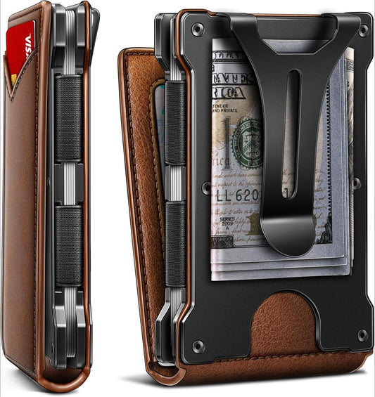 Men's Slim RFID Blocking Wallet Genuine Leather Front Pocket Design with Money Clip Holds 12 Cards Magnetic Flip Case (Brown)