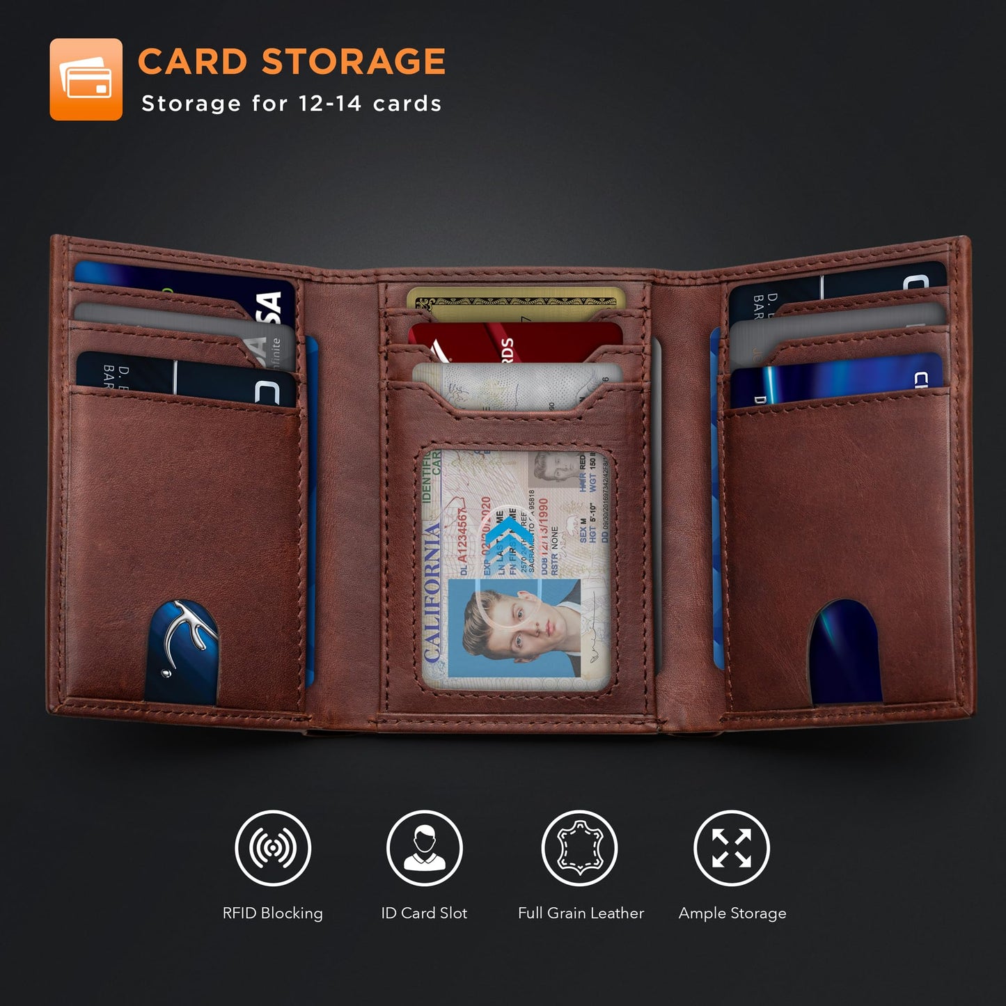 SERMAN BRANDS Trifold Wallet for Men - RFID Blocking Full Grain Leather, 11 Card Slots & ID Window, Slim Everyday Carry, Durable Stitching, Gift for Him