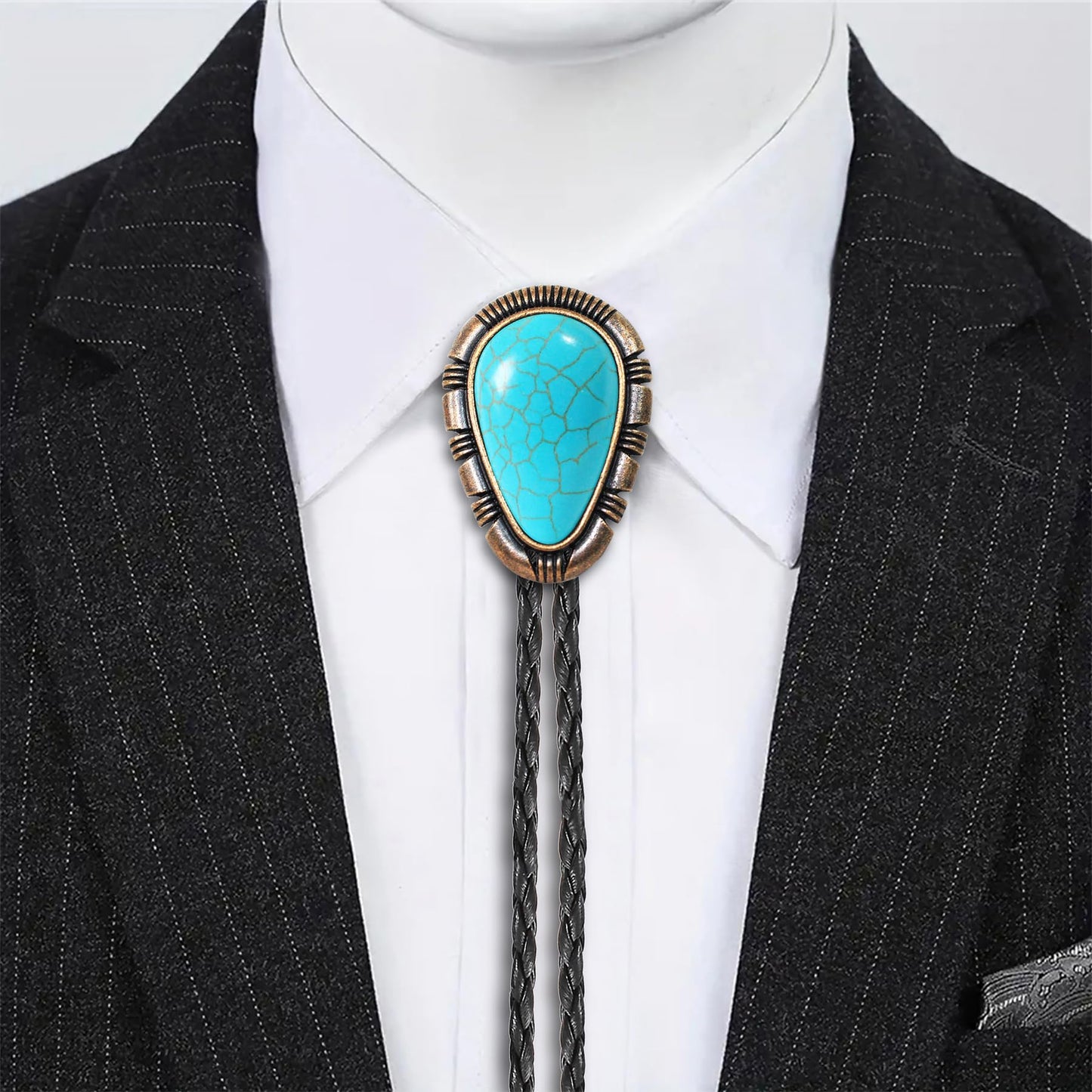 Bjesinmo Mens Bolo Tie Leather Western Ties Cowboy Necktie with Turquoise Pendant Country Western Accessories for Men