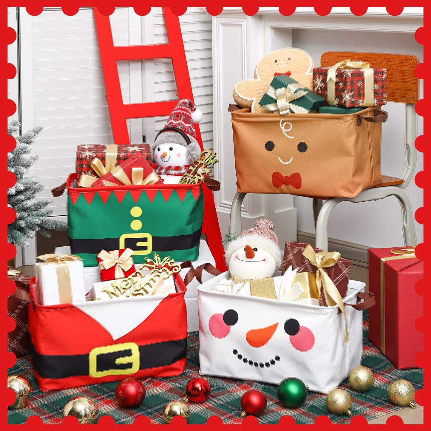 Wesnoy 4 Pcs Christmas Storage Bins 14.2 x 8.7 x 9.5 Inch Red Green Santa Claus Gingerbread Foldable Christmas Baskets for Gift Collapsible Xmas Organizer Cube Box with Handle for Office Home Bedroom
