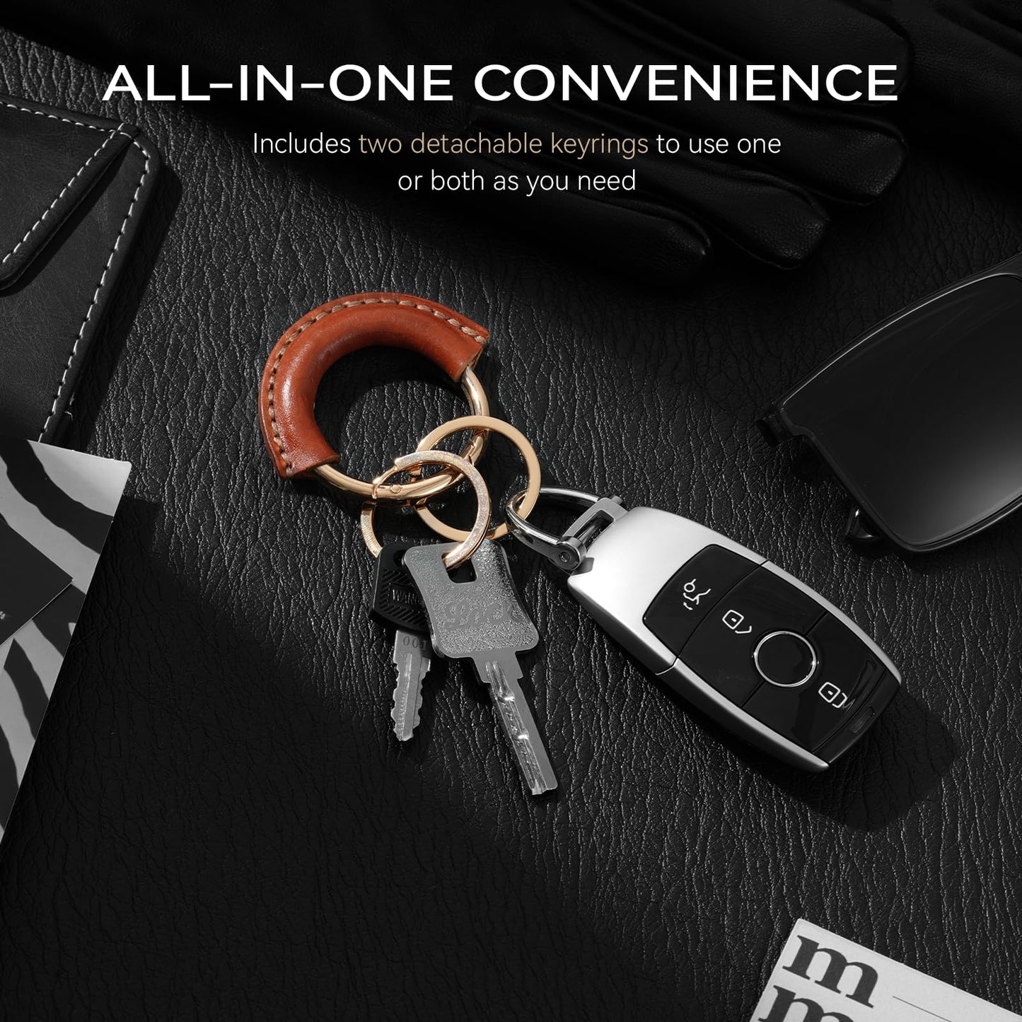 Genuine Leather Keychain - Carabiner Clip Key Fob with 2 Detachable Rings - Car Key Chain Holder for Men & Women