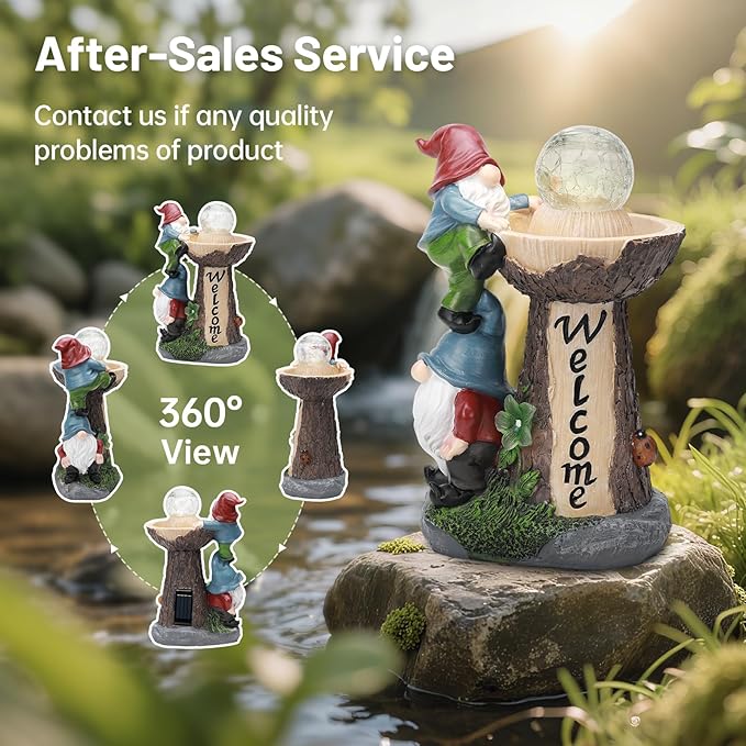 Solar Gnome Statue with Glowing Globe Light,Weatherproof Resin Garden Figurine Decor Auto On/Off - for Patio,Yard & Housewarming (Reminder: IT is NOT A Real Fountain)