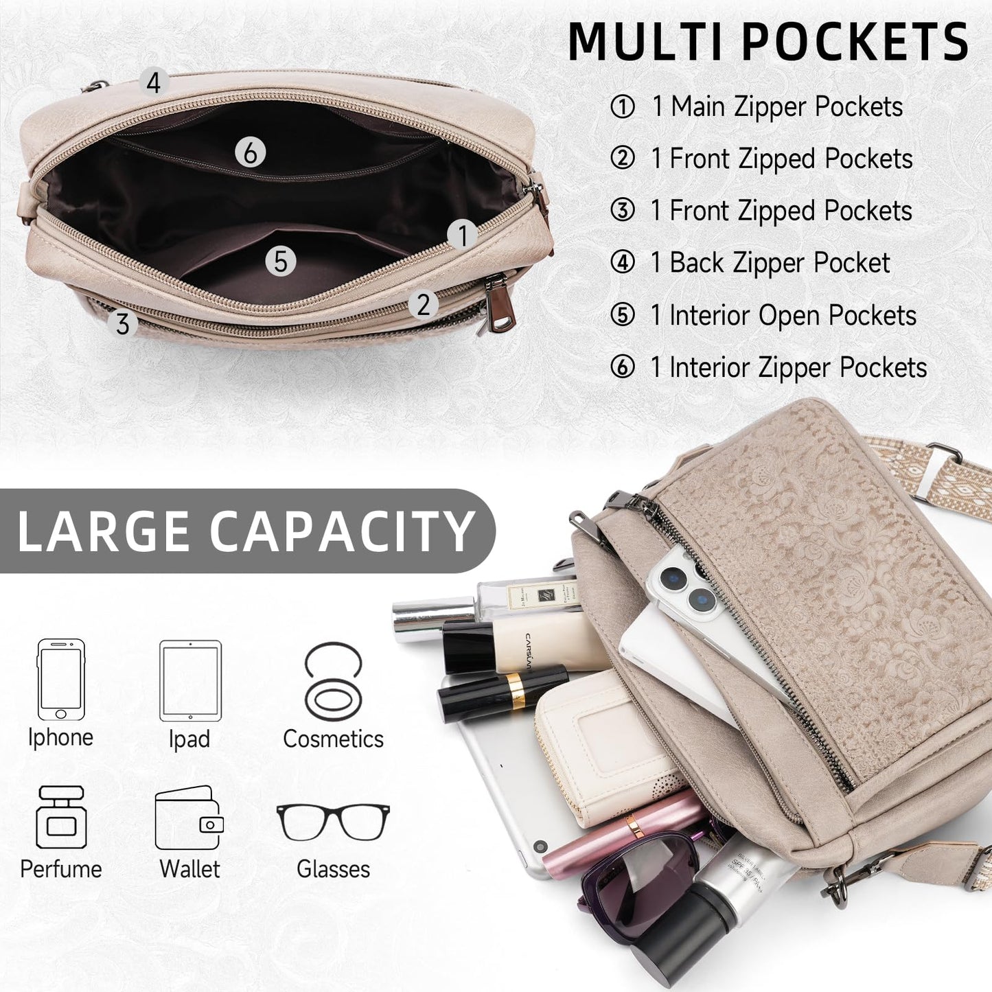 VIMUTI Crossbody Bags for Women Trendy,Leather Crossbody Purses Embossed Design,Multi Pocket Lightweight Shoulder Handbag (04-Gray)