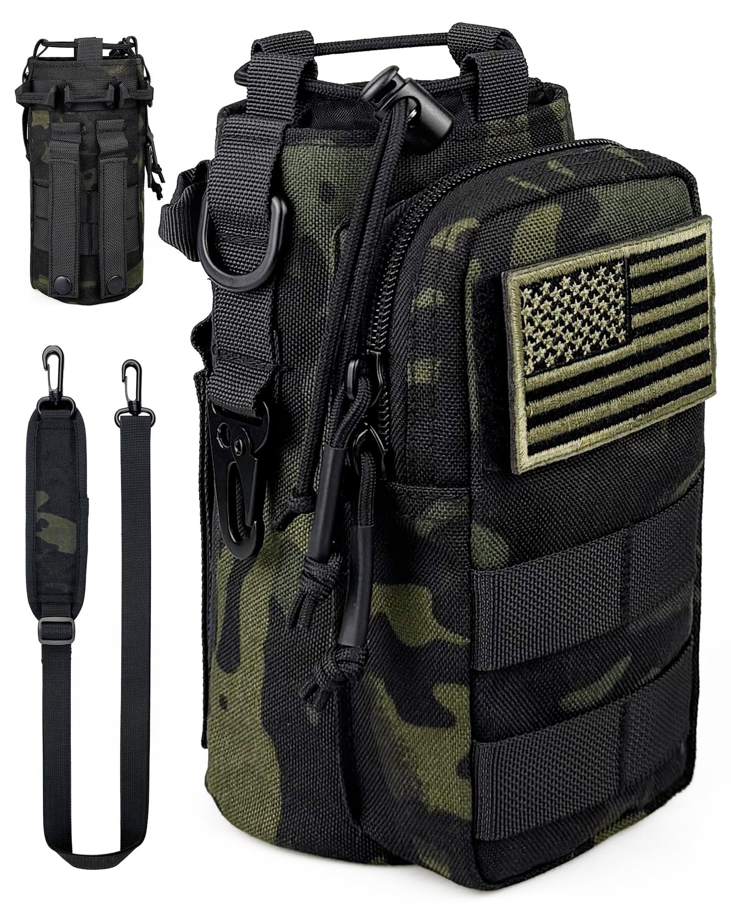 DEFUNX 32 Oz Water Bottle Holder with Strap Bottle Carrier Bag with Phone Pocket MOLLE System for Walking Black Camo