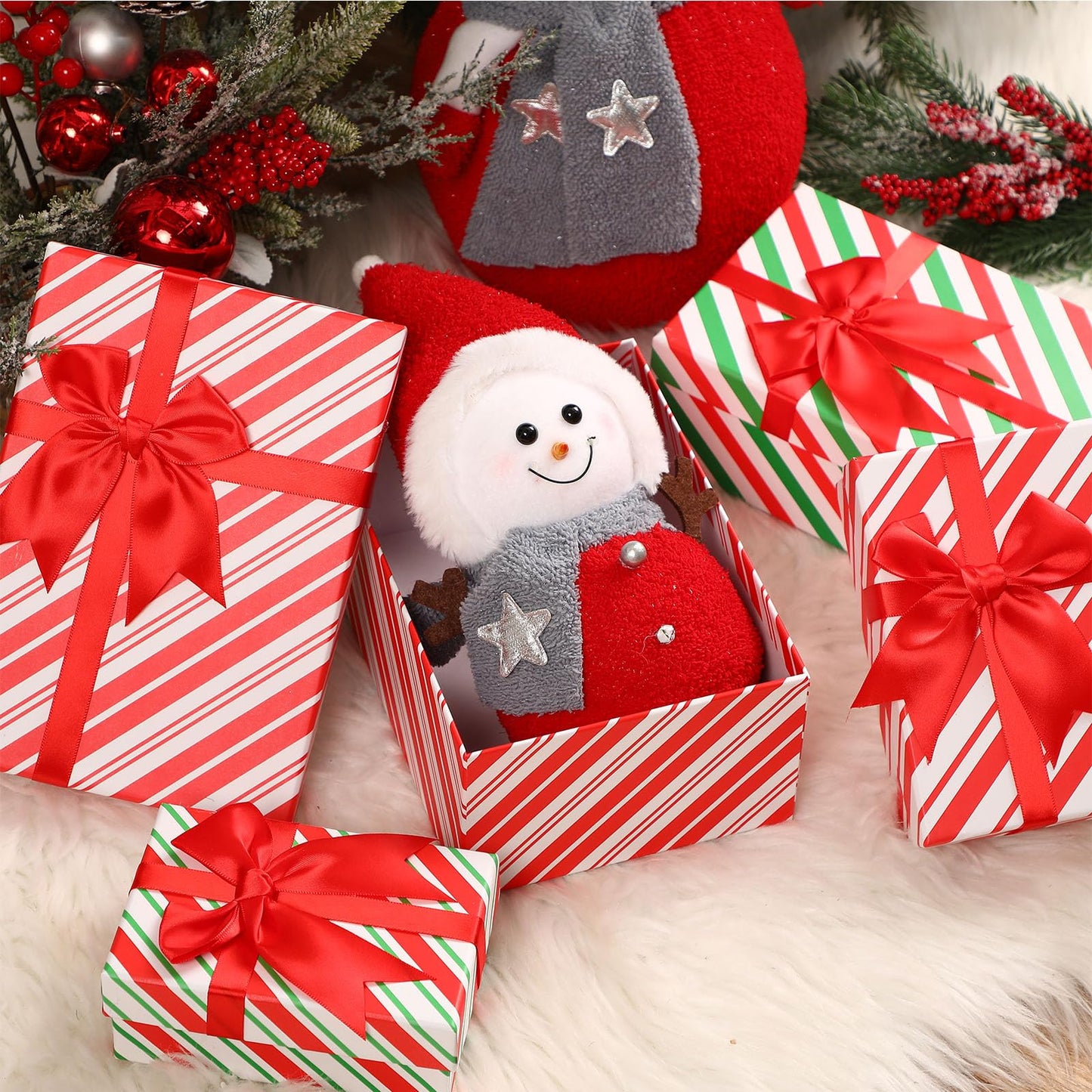 Zhanmai 4 Pcs Christmas Nesting Gift Boxes Christmas Hard Stackable Boxes with Lids Decorative Xmas Nested Present Boxes for Birthday Party Gift Supplies (Red, White, Green, Striped)
